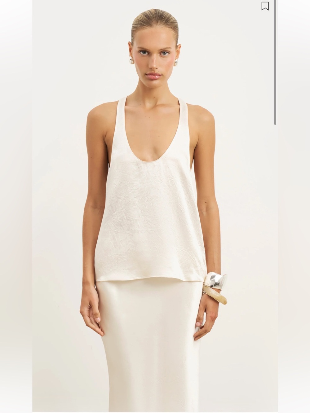 Because of Alice Crushed Satin Plunge U-Neck Tank Top – Ivory – Size Small